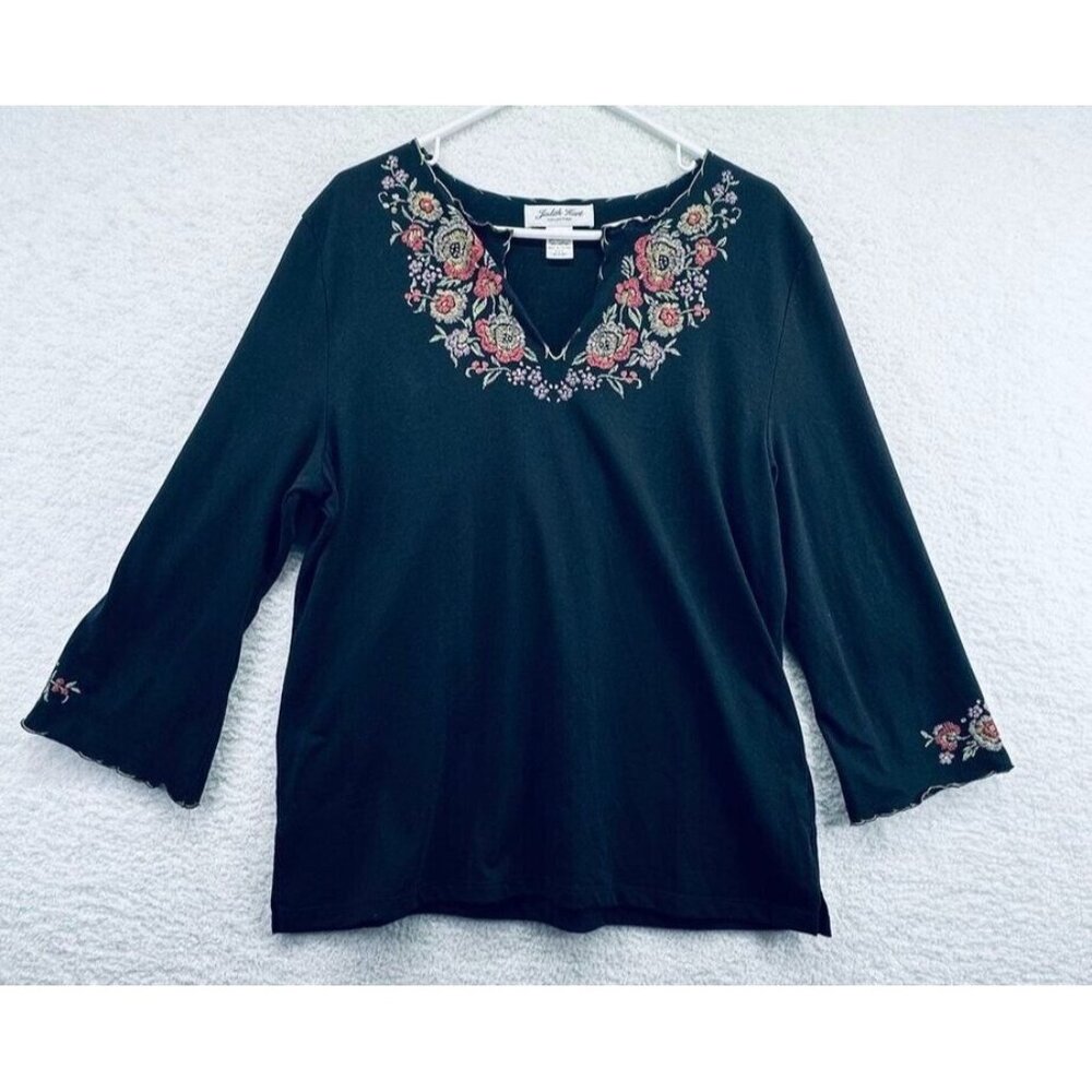 Judith Hart Womens V Neck‎ Tunic Size XL Black Embroidered Look 3/4 Sleeve